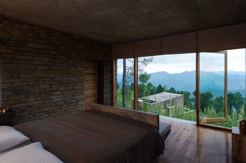 Kumaon Hotel India Brick Building Gardens Balconies Mountainous Landscape Trees Sleek Modern Interior Exterior Zowa Architects Design Studio