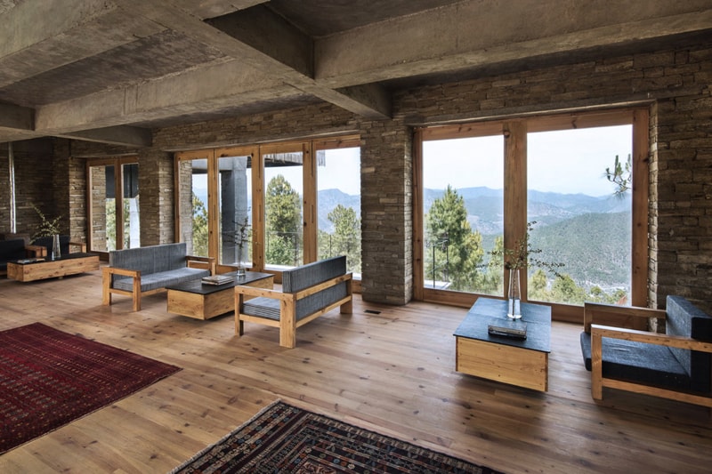 Kumaon Hotel India Brick Building Gardens Balconies Mountainous Landscape Trees Sleek Modern Interior Exterior Zowa Architects Design Studio