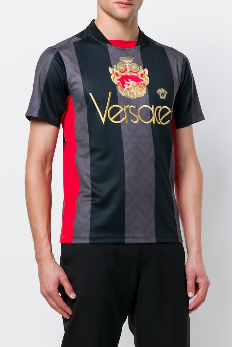 Versace Summer 2018 Soccer Jersey football shirt black grey stripe red gold release date info drop via gesu medusa head logo branding crown