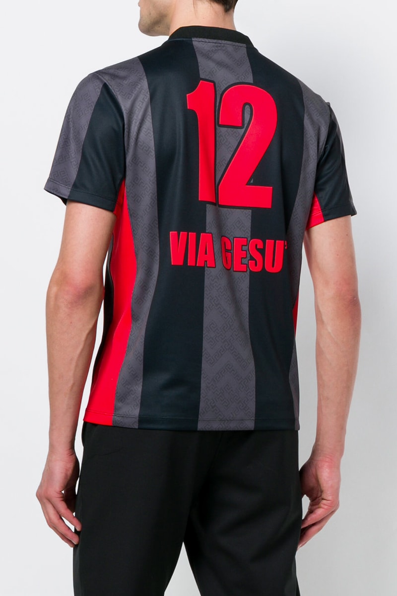 Versace Summer 2018 Soccer Jersey football shirt black grey stripe red gold release date info drop via gesu medusa head logo branding crown