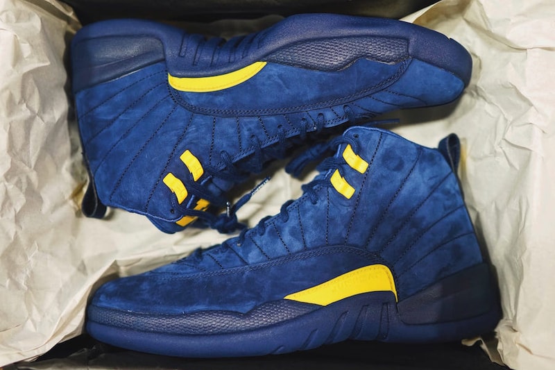 Air Jordan 12 Michigan First Look Blue Yellow Suede Navy Amarillo