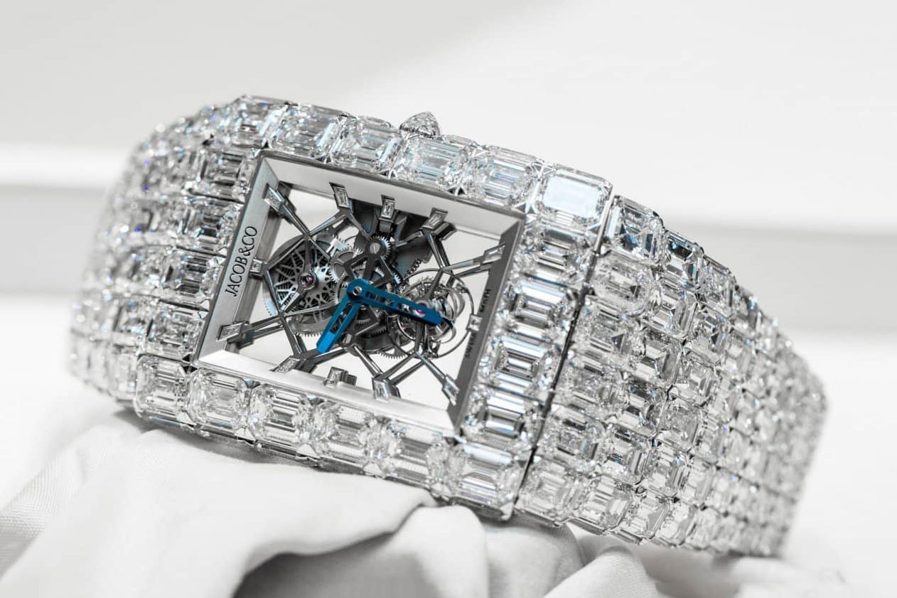 Floyd Mayweather 18 eighteen million usd The Billionaire Watch Jacob & Co white gold diamond encrusted jeweler Tadashi Fukushima timepiece emerald cut baguette