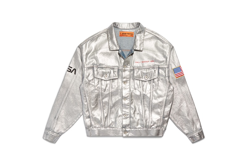 heron preston public figure fall winter 2018 collaboration nasa silver trucker jacket metallic orange branding