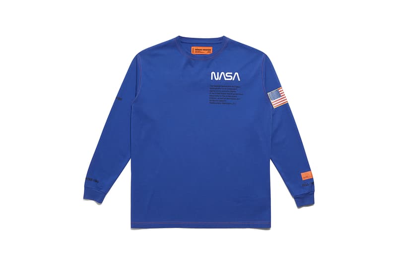 heron preston public figure fall winter 2018 collaboration nasa logo blue long sleeve tee shirt pullover american flag