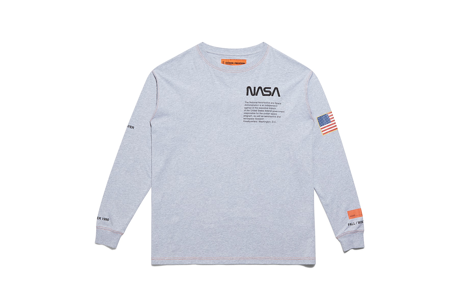 heron preston public figure fall winter 2018 collaboration nasa grey pullover longsleeve tee shirt american flag logo