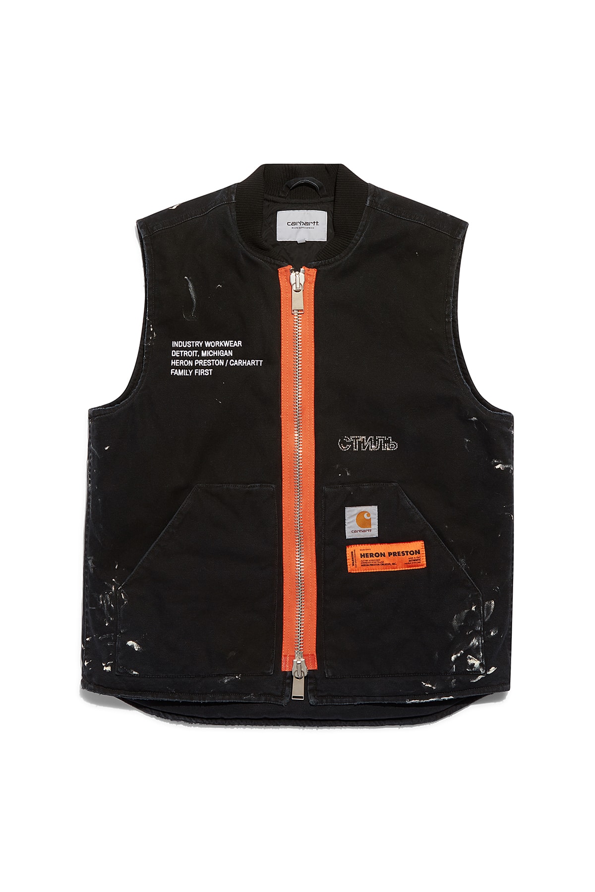 heron preston public figure fall winter 2018 collaboration carhartt wip black tan zipper vest painted