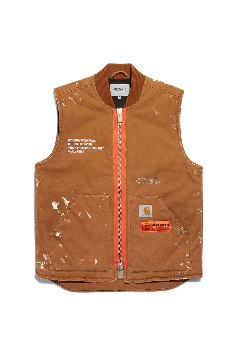 heron preston public figure fall winter 2018 collaboration carhartt wip beige vest zipper paint splatter