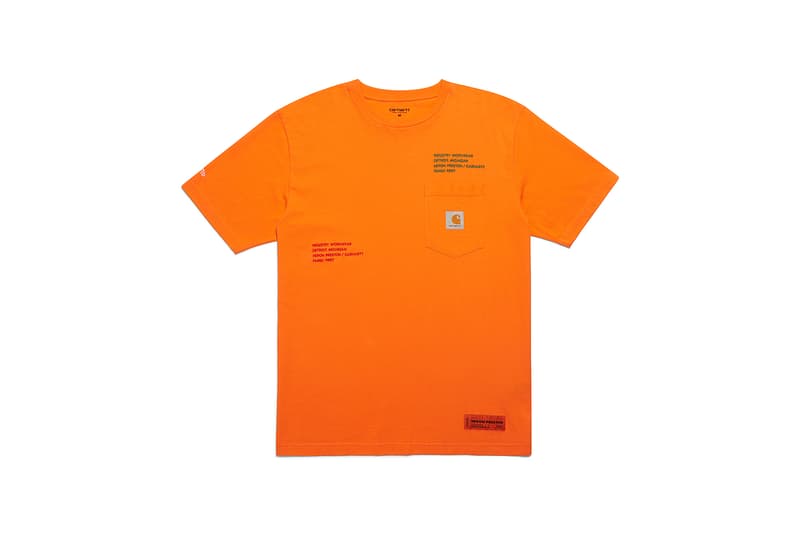 heron preston public figure fall winter 2018 collaboration carhartt wip pocket logo orange short sleeve tee shirt