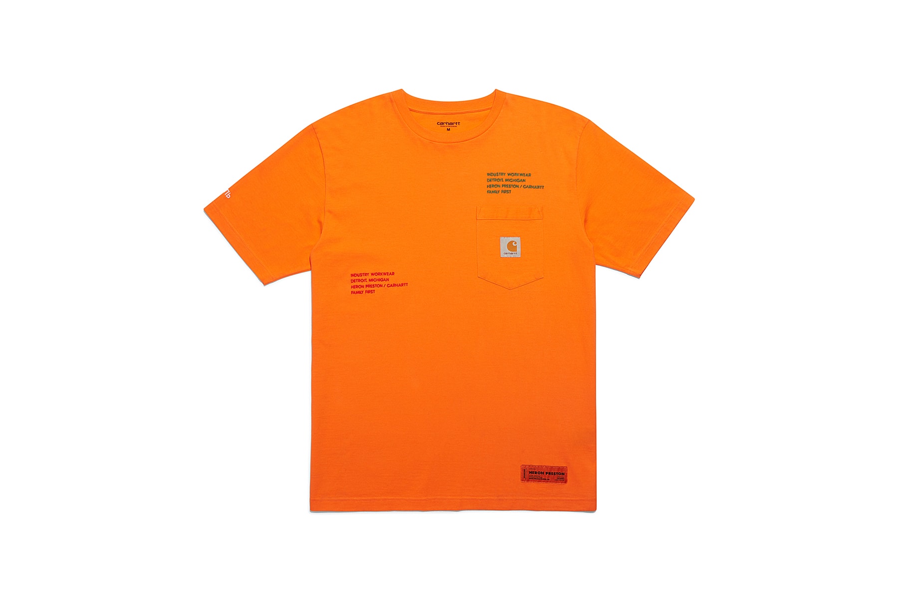heron preston public figure fall winter 2018 collaboration carhartt wip pocket logo orange short sleeve tee shirt