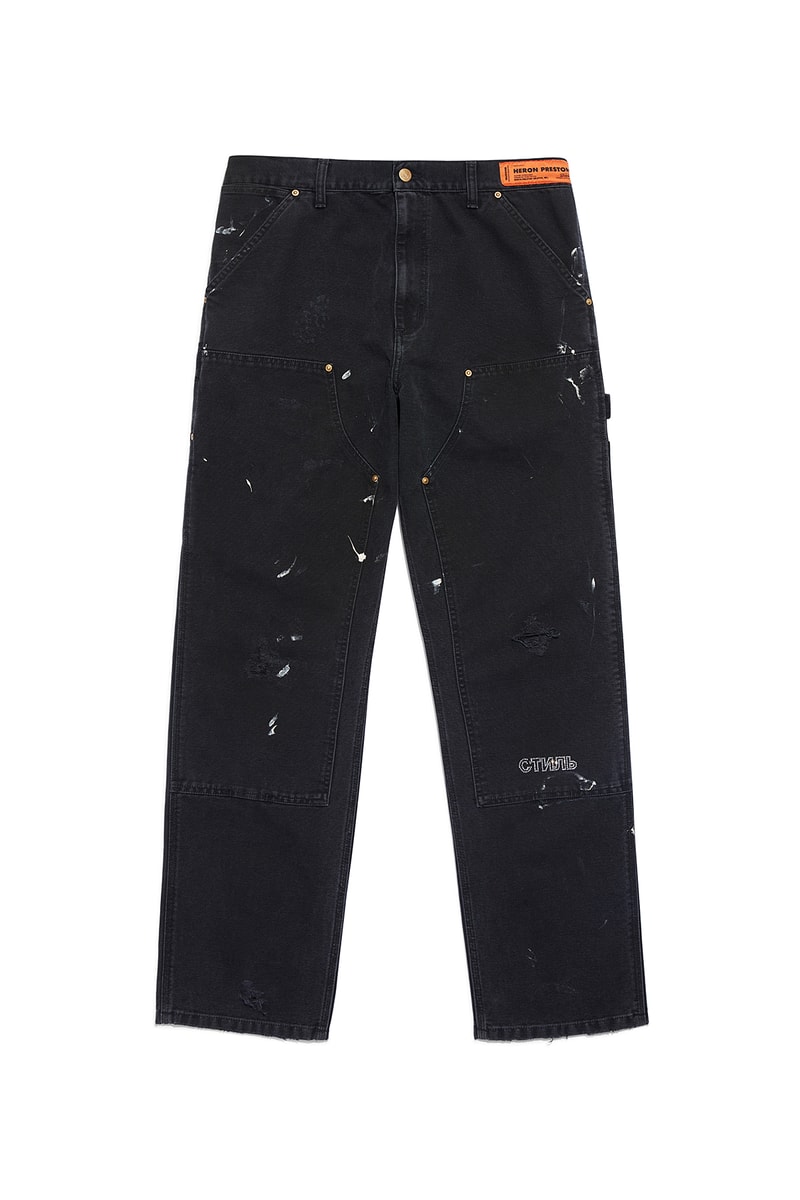 heron preston public figure fall winter 2018 collaboration carhartt wip black work pants paint splatter distress damage