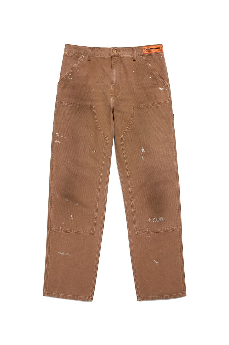 heron preston public figure fall winter 2018 collaboration carhartt wip beige paint splatter damage work pants distress