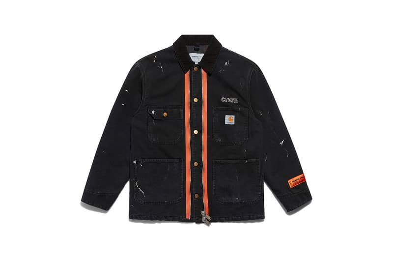 heron preston public figure fall winter 2018 collaboration carhartt wip black chore coat jacket orange placket zipper paint splatter damage