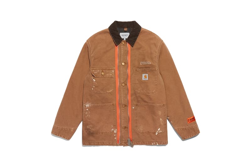 heron preston public figure fall winter 2018 collaboration carhartt wip beige chore jacket coat paint splatter damage distress brown collar orange placket