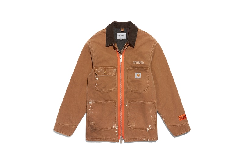 heron preston public figure fall winter 2018 collaboration carhartt wip beige zipper chore coat jacket brown collar logo placket orange