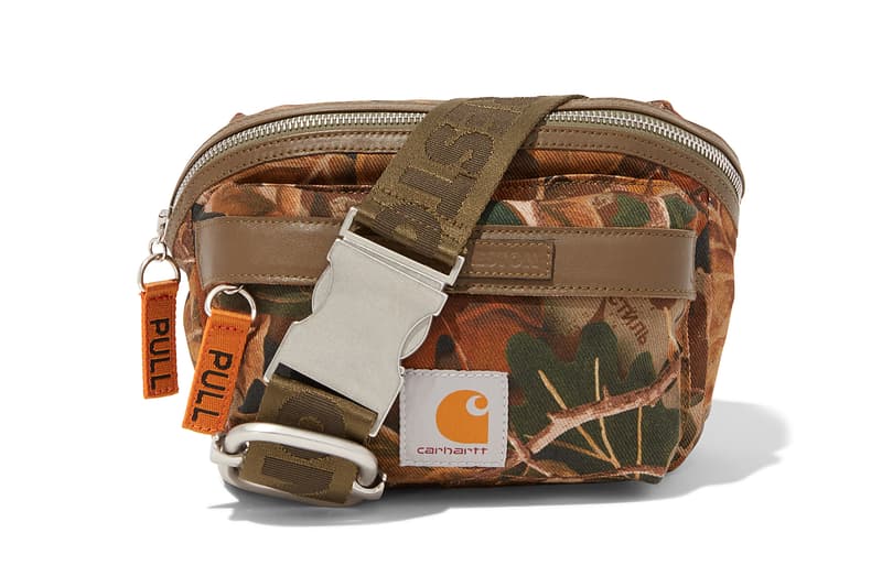 heron preston public figure fall winter 2018 collaboration carhartt wip shoulder bag fanny waist pack couflage leaf brown green