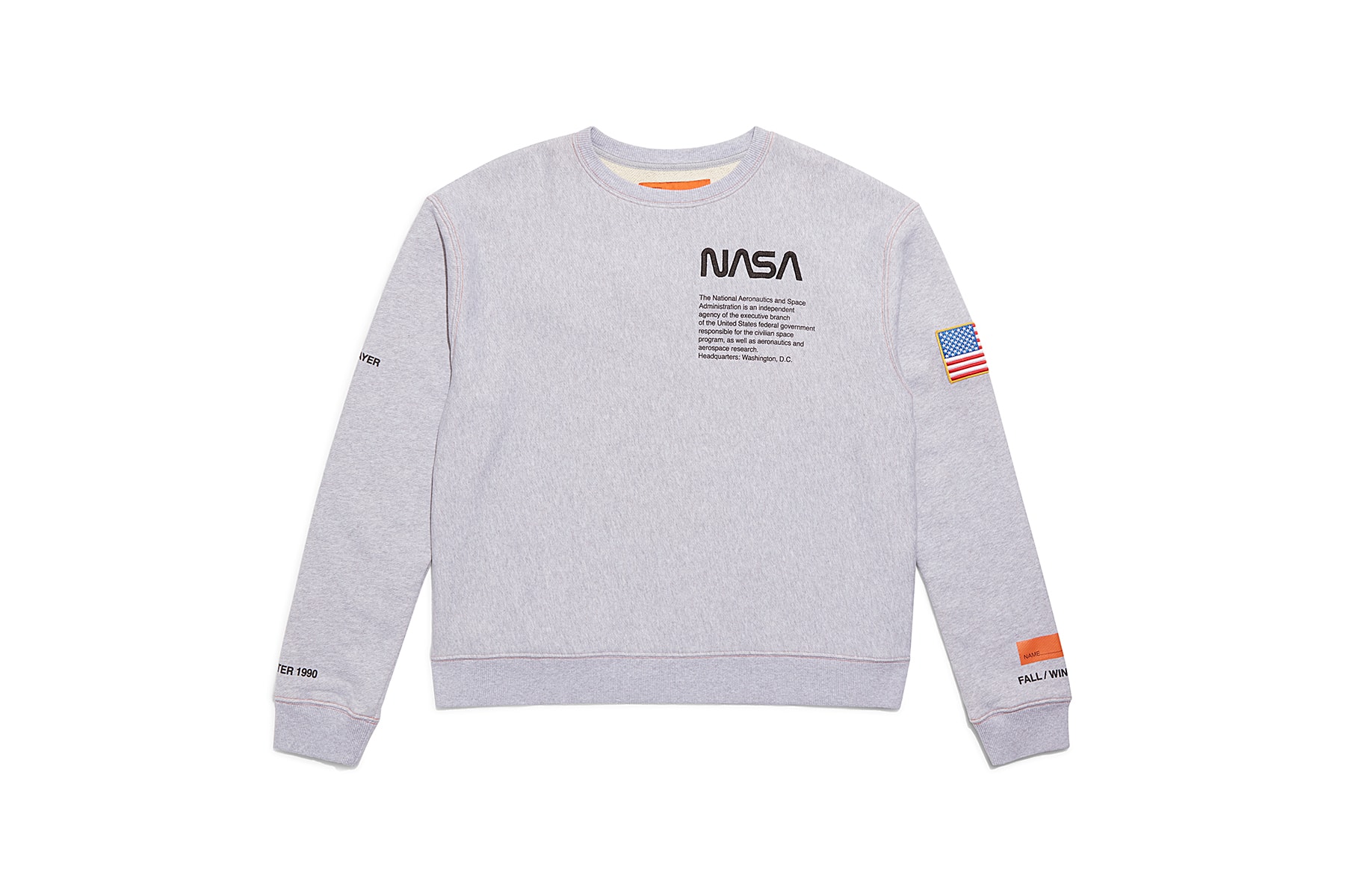 heron preston public figure fall winter 2018 collaboration grey sweater pullover logo american flag nasa