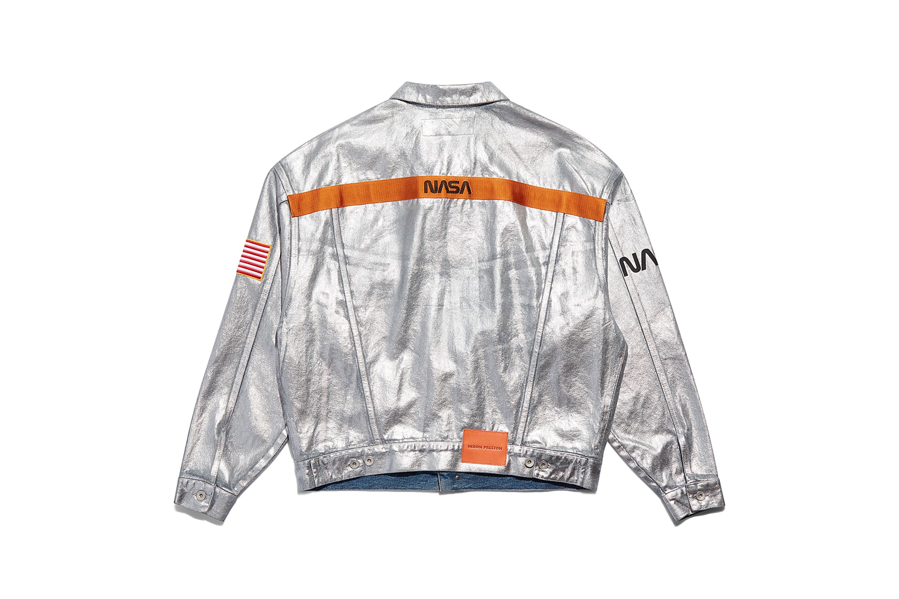 heron preston public figure fall winter 2018 collaboration nasa silver trucker jacket metallic orange branding