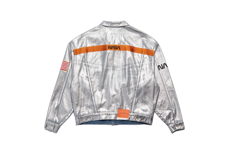 heron preston public figure fall winter 2018 collaboration nasa silver trucker jacket metallic orange branding