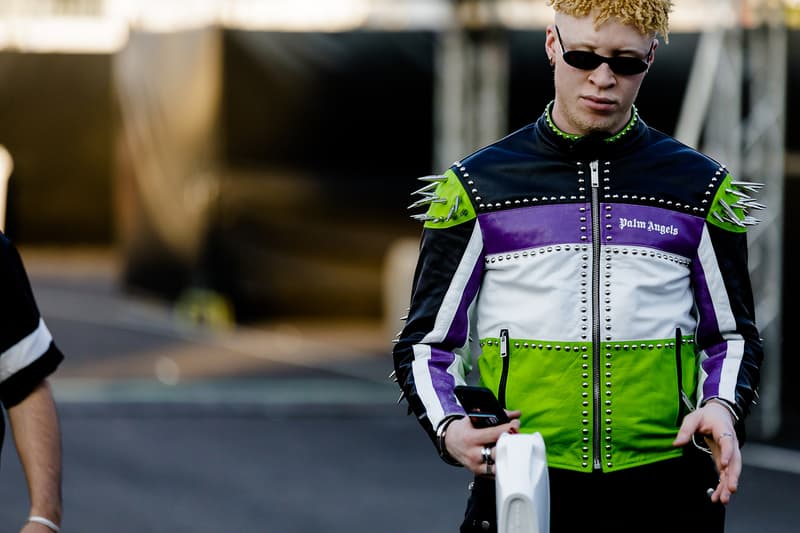 milan fashion week street style spring summer 2019 palm angels white yellow black blue leather stud jacket tiny sunglasses