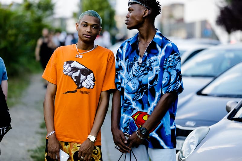 milan fashion week street style spring summer 2019 orange pleasures tee shirt supreme nike shorts pattern superman silk short sleeve shirt red black blue logo