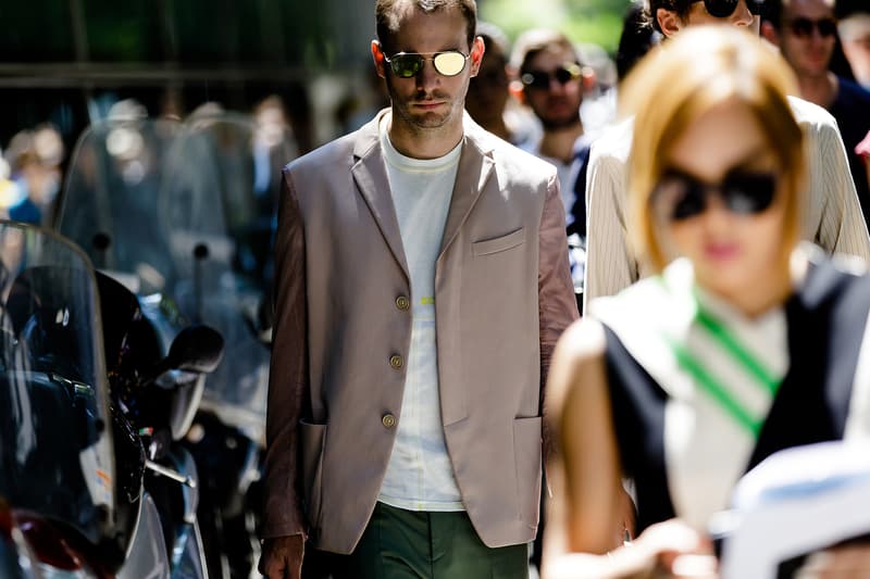 milan fashion week street style spring summer 2019 beige khaki suit eckhaus latta yellow white tee shirt gold sunglasses tailoring blazer