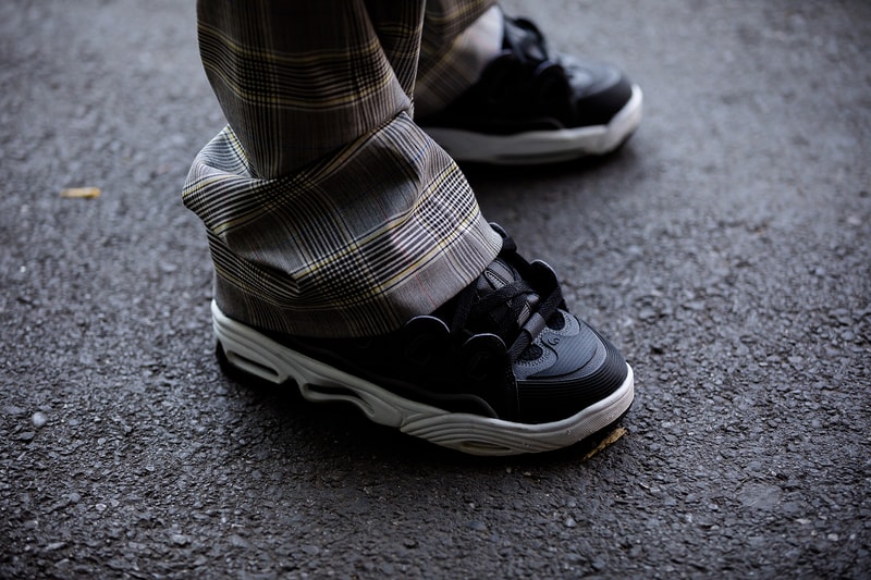 milan fashion week street style spring summer 2019 osiris d3 asap rocky chunky sneaker on feet black white plaid trousers pants slacks