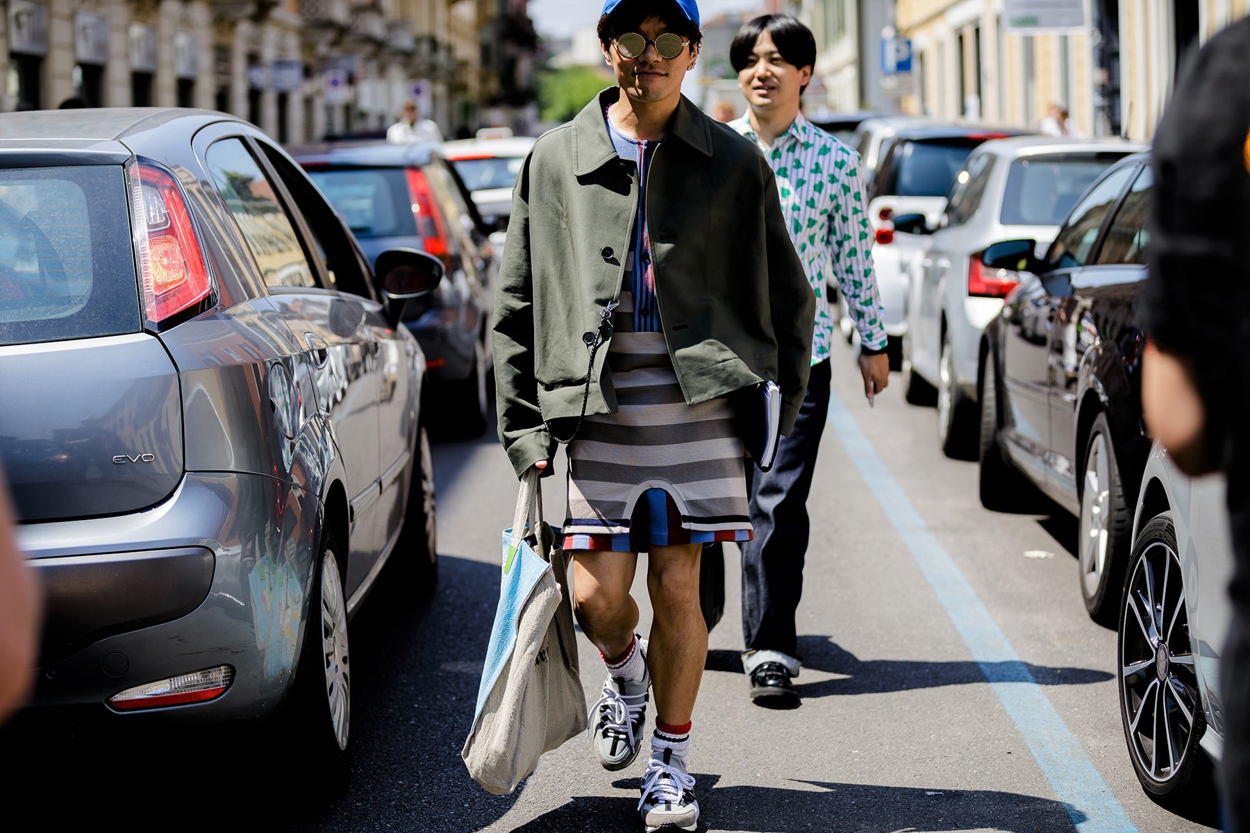 milan fashion week street style spring summer 2019 blue grey white stripes