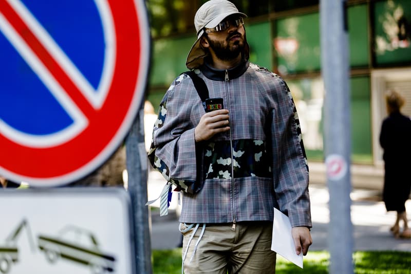 milan fashion week street style spring summer 2019 camouflage zip up shirt jacket moschino iphone case hat virgil abloh nike shoelaces belt