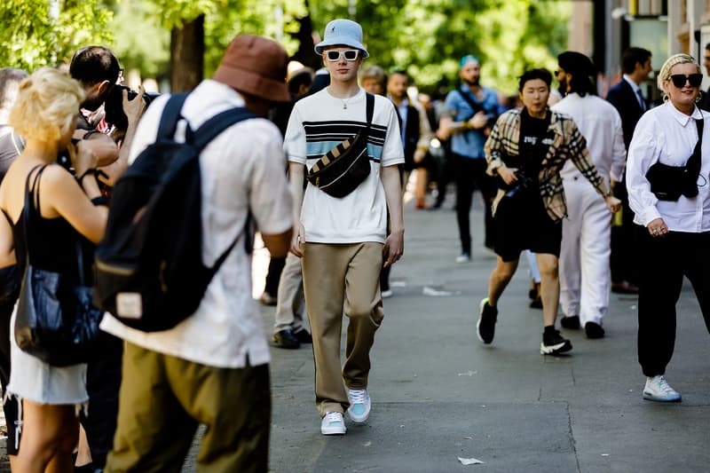 milan fashion week street style spring summer 2019 kangol bucket hat shoulder waist fanny pack bag converse golf le fleur one star sneaker sweatpants beige track nike m2k tekno burberry shirt sneaker shoe black white yellow