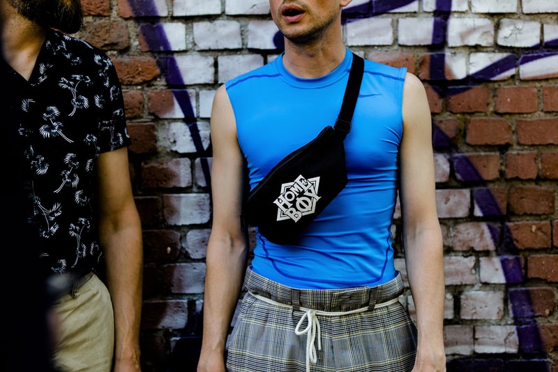 milan fashion week street style spring summer 2019 home boy black shoulder waist bag fanny pack blue slim shirt shoelace belt glen check plaid pants