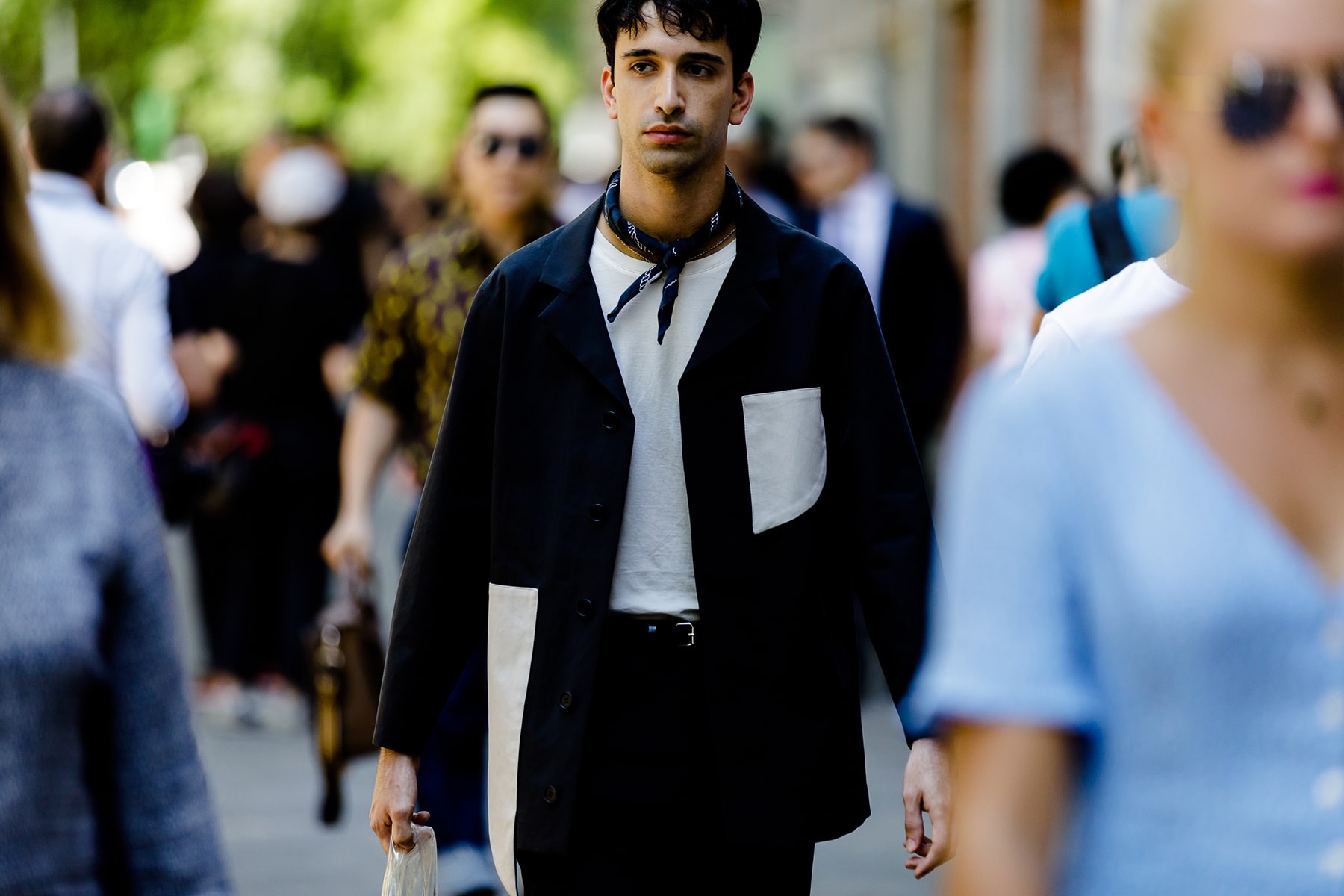 milan fashion week street style spring summer 2019 white black shirt scarf neckerchief pocket tee