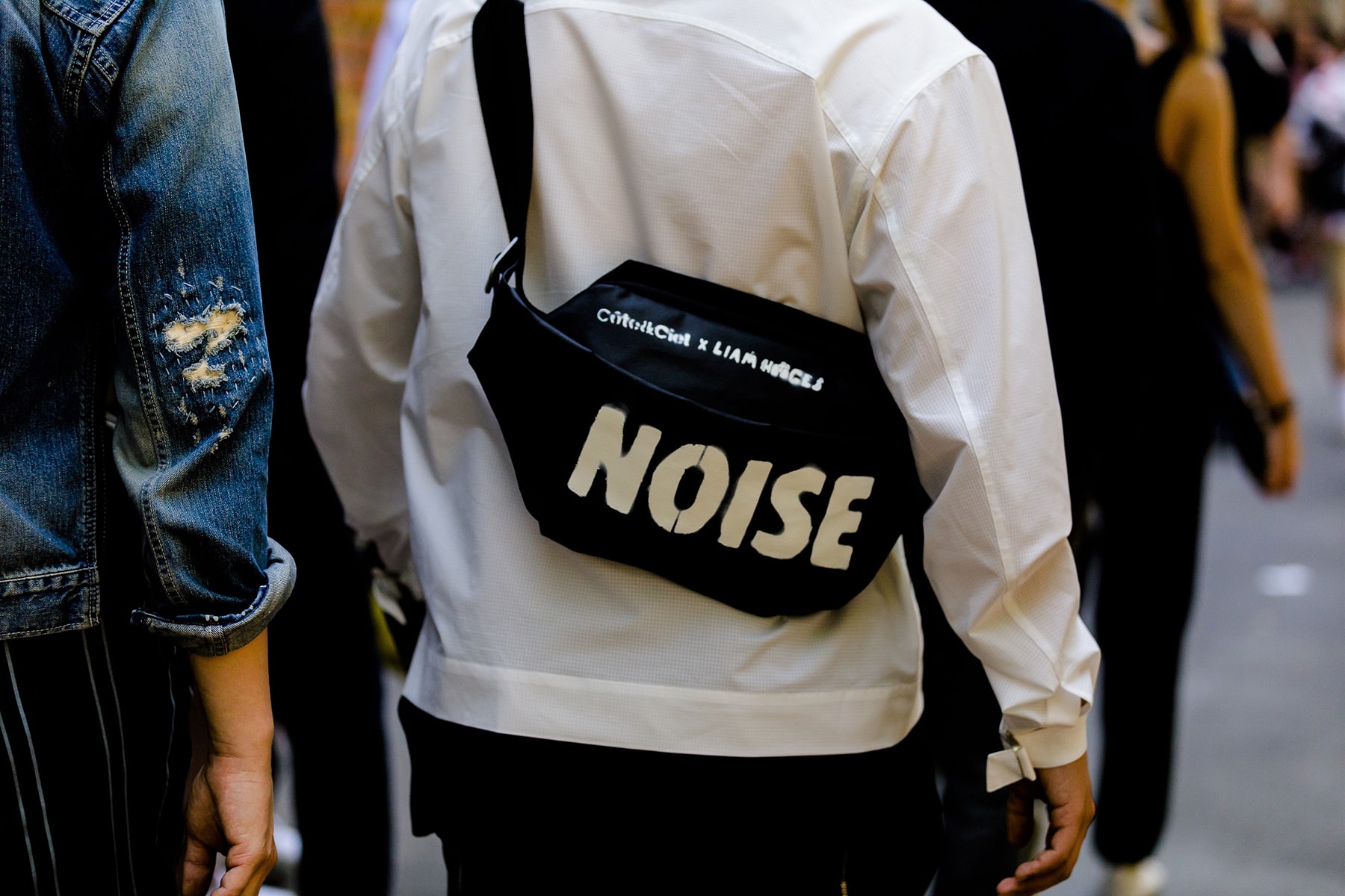 milan fashion week street style spring summer 2019 liam hodges noise waist bag fanny pack black shoulder