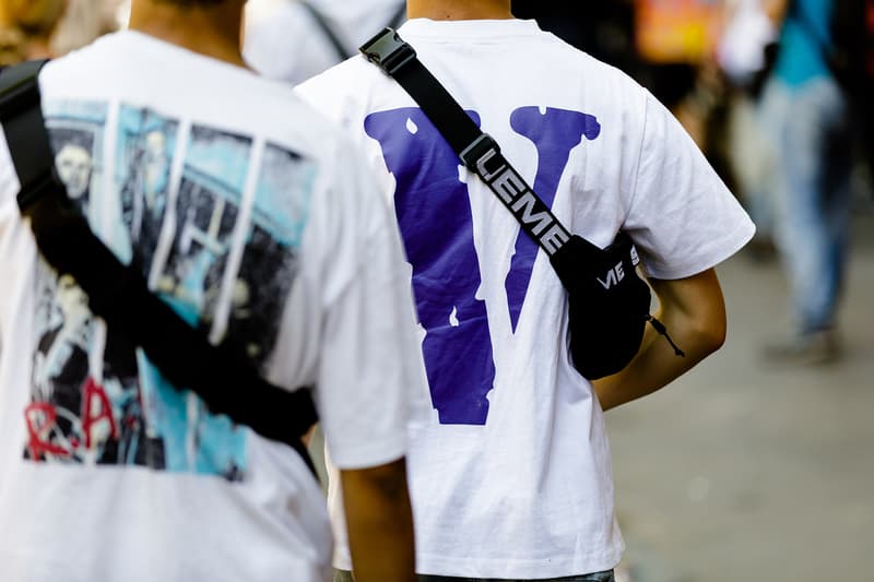 milan fashion week street style spring summer 2019 white vlone tee shirt supreme shoulder waist bag fanny pack black blue graphic