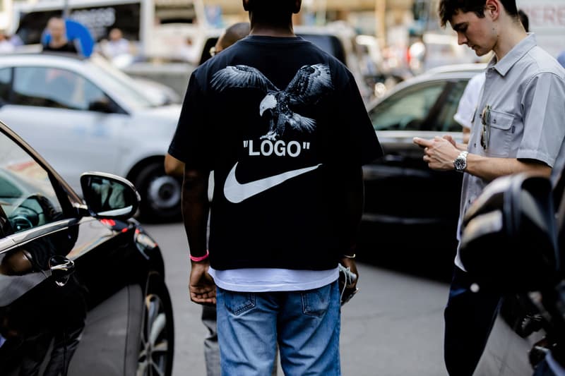 milan fashion week street style spring summer 2019 off white logo nike football soccer collaboration black bird tee shirt