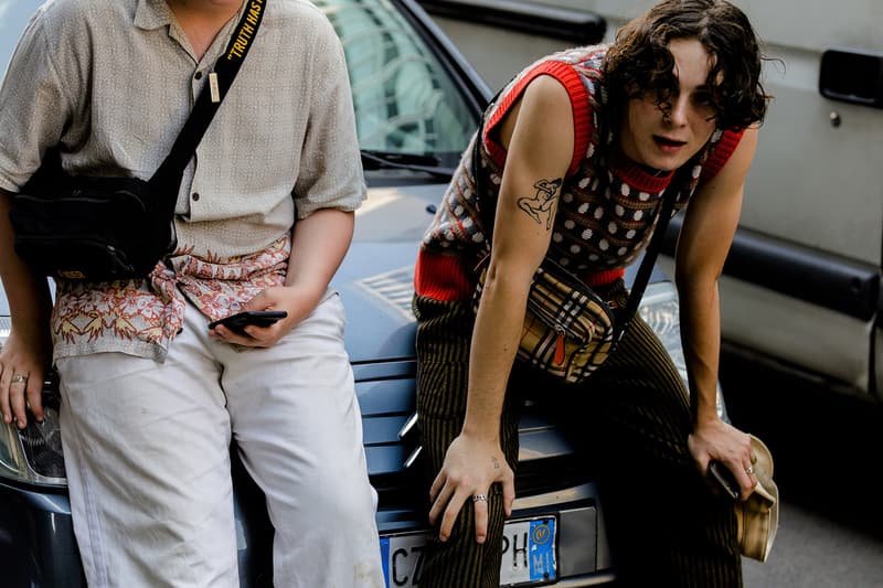 milan fashion week street style spring summer 2019 burburry shoulder bag waist pack fanny plaid sweater vest beige brown green aloha Hawaiian shirt black