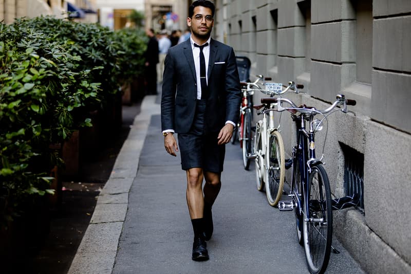 milan fashion week street style spring summer 2019 thom browne summer suit black grey tie bar white shirt pocket square derbies black socks