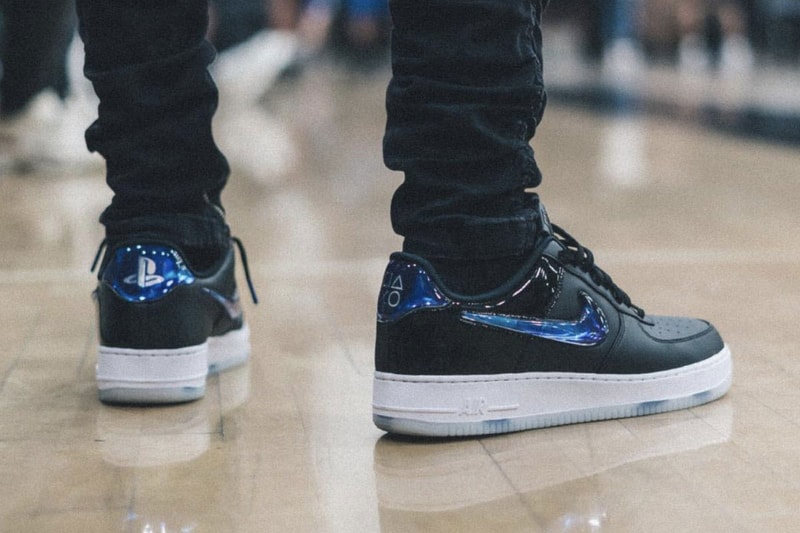 Nike air force 1 playstation sony collaboration sneaker new model colorway patent leather jewel swoosh on feet first look