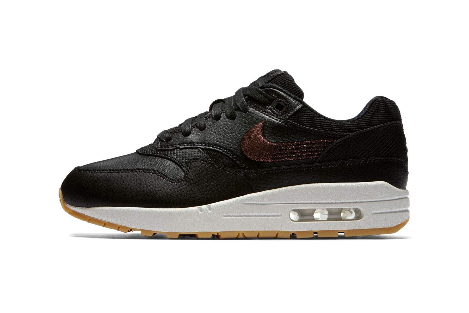Nike Air Max 1 Premium Black Leather Bronze embroidery release date price sneaker