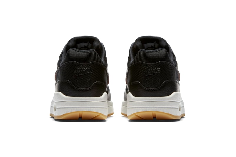 Nike Air Max 1 Premium Black Leather Bronze embroidery release date price sneaker