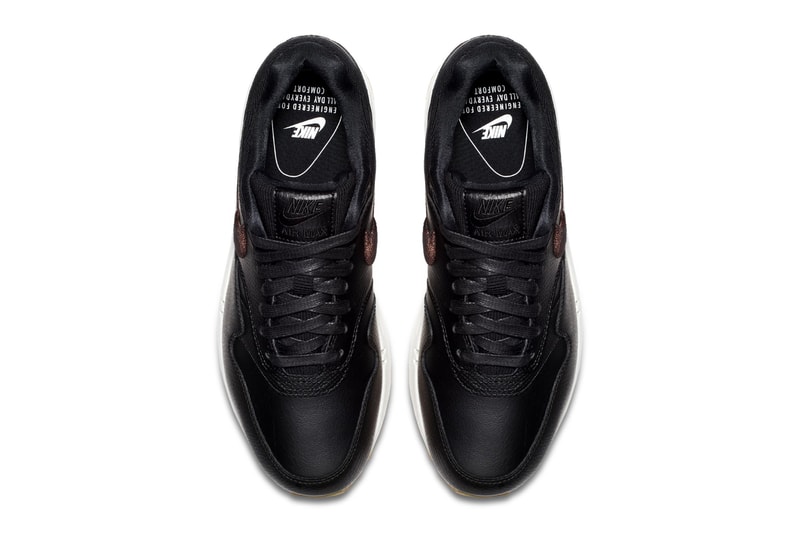 Nike Air Max 1 Premium Black Leather Bronze embroidery release date price sneaker