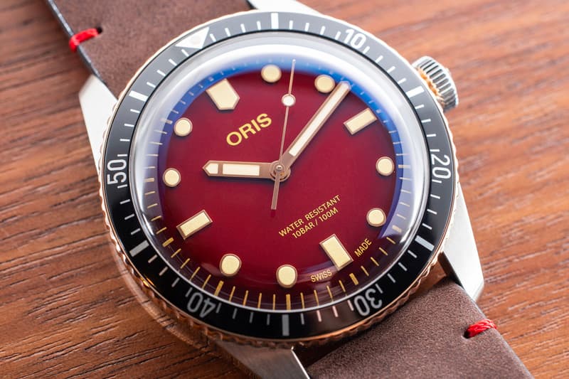 Oris RedBar Special Edition Divers Sixty-Five watch accessories members only exclusive limited 100 pieces bronze bezel red dial brown leather strap