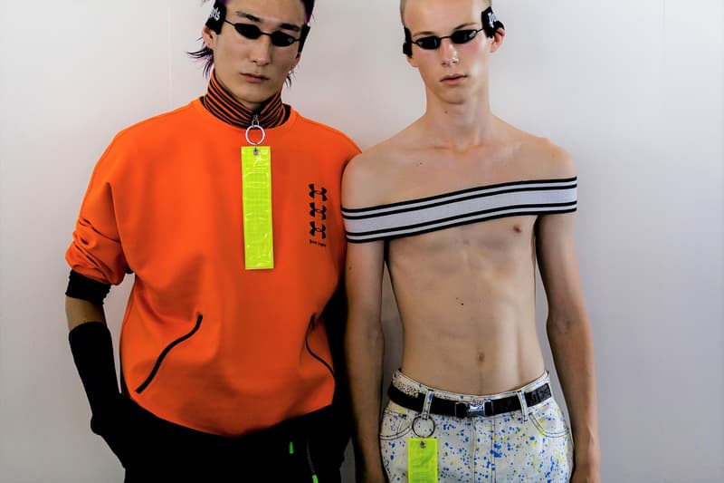 palm angels spring summer 2019 milan fashion week orange shirt yelllow badge tanning bed glasses goggles painted denim