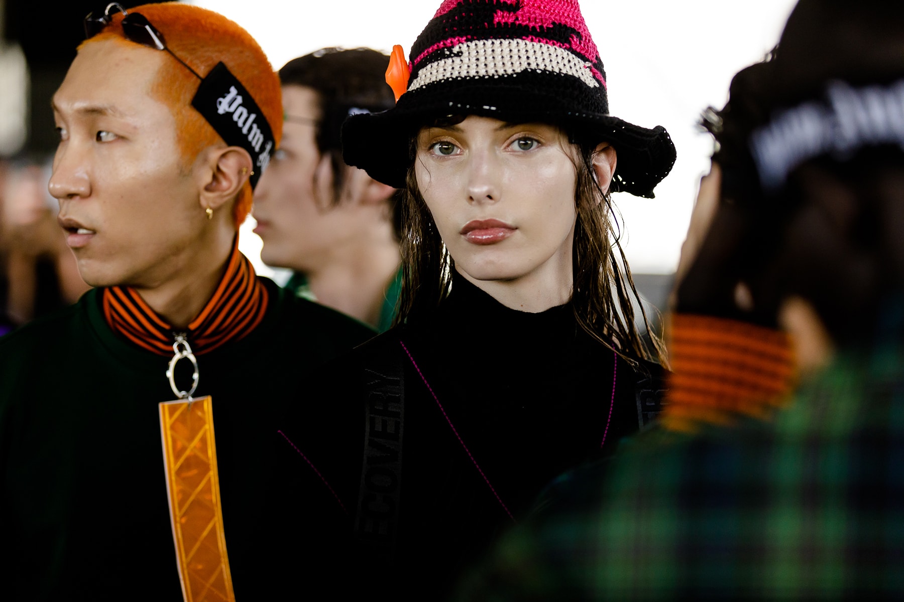 palm angels spring summer 2019 milan fashion week woven knit hat tanning bed glasses goggles orange tag neck zipper