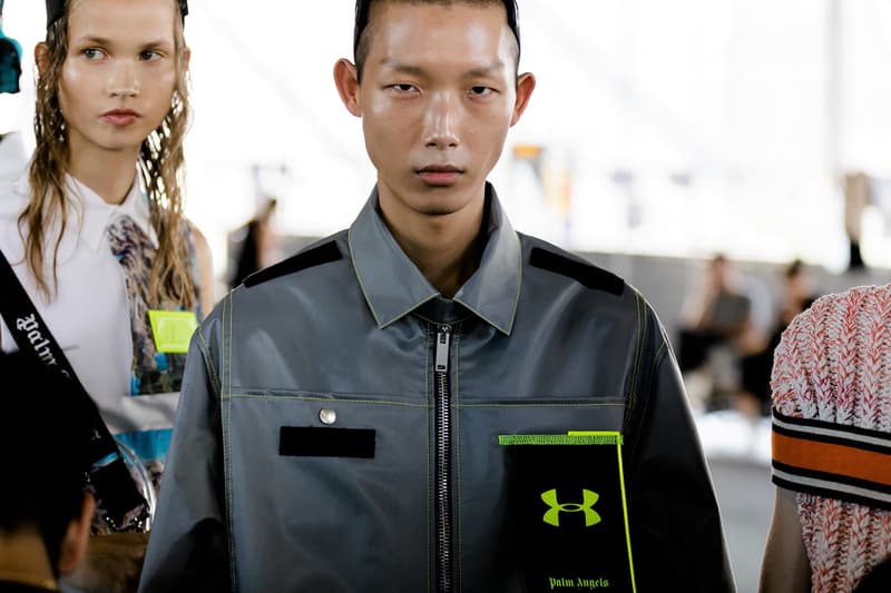 palm angels spring summer 2019 milan fashion week striped orange turtle neck black tanning bed sunglasses goggles grey under armour jacket branding logo zipper