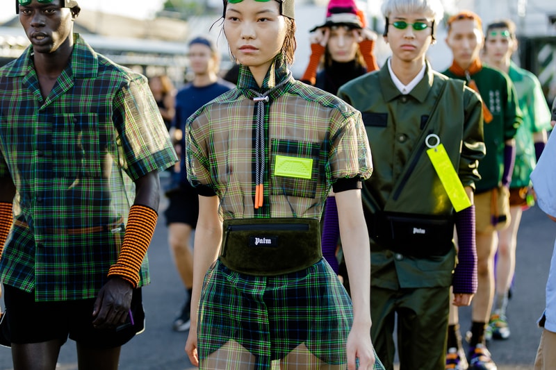 palm angels spring summer 2019 milan fashion week striped orange turtle neck black tanning bed sunglasses goggles see through shirt waist fanny pack bag jacket yellow strap tag armwarmers tanning bed goggles glasses