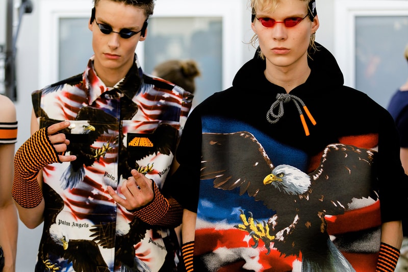 palm angels spring summer 2019 milan fashion week american flag print eagles tanning bed glasses goggles black hoodie arm warmers sleeveless shirt