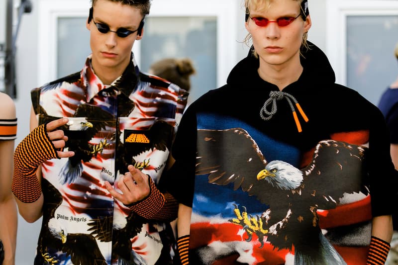 palm angels spring summer 2019 milan fashion week american flag print eagles tanning bed glasses goggles black hoodie arm warmers sleeveless shirt