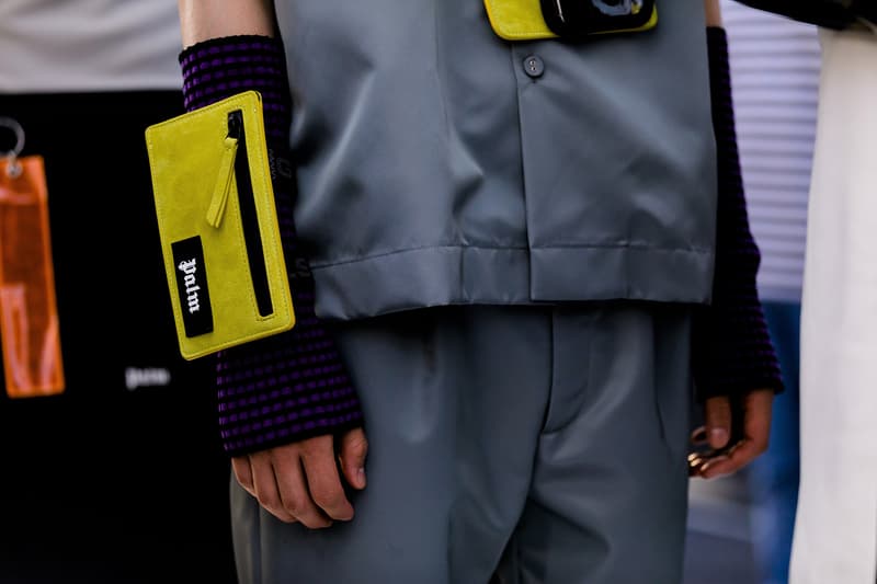 palm angels spring summer 2019 milan fashion week under armour zip up jacket armwarmer fanny pack waist arm bag necklace grey blue