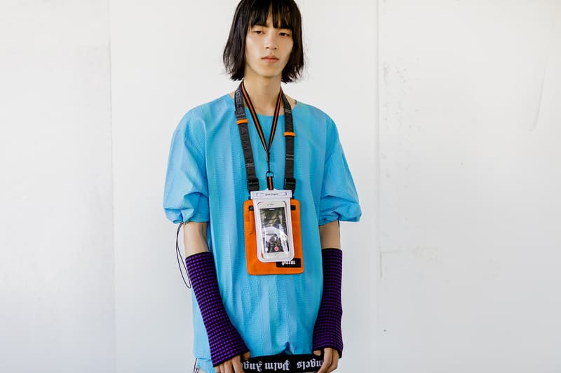 palm angels spring summer 2019 milan fashion week blue shirt armwarmers knit iphone lanyard necklace shoulder bag orange