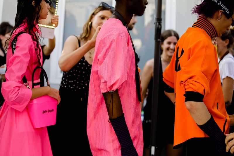 palm angels spring summer 2019 milan fashion week pink pullover short sleeve shirt armwarmers shoulder bag handbag orange under armour pullover shirt tanning bed sunglasses goggles turtleneck striped zipper iphone lanyard necklace